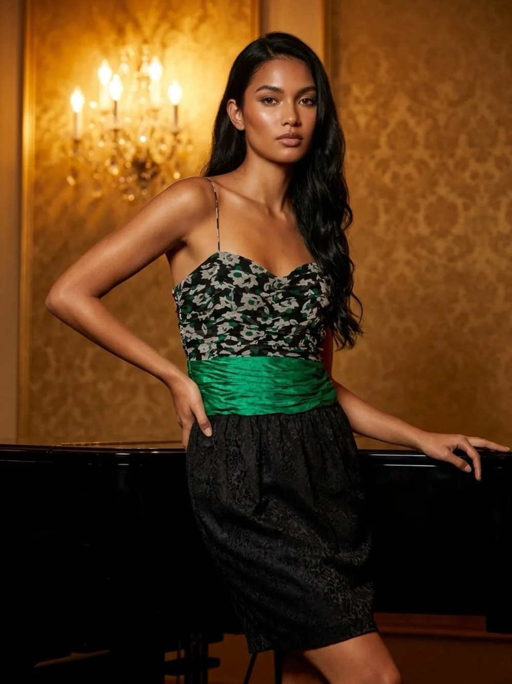Vintage Terri John Rickie Freeman Silk Black Green Floral Cocktail Dress SZ 10 - Picture 2 of 7
